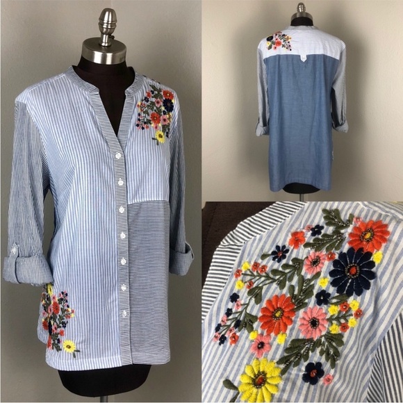 Style & Co. Tops - Style & Co. Striped Embroidered Floral Blouse LARGE Boho Cottagecore Lightweight